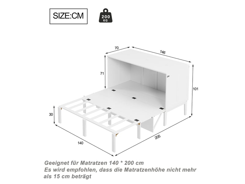  Lit armoire vertical 140x200 cm blanc avec sommier à lattes, lit rabattable gain de place pour petit espace  - Conforama B
