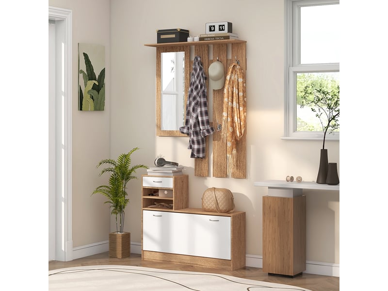  Porte-manteau 3 en 1 avec étagère à chaussures et miroir, crochets et tiroirs, en bois, 90 x 24 x 177 cm, blanc et noyer  - Conforama D