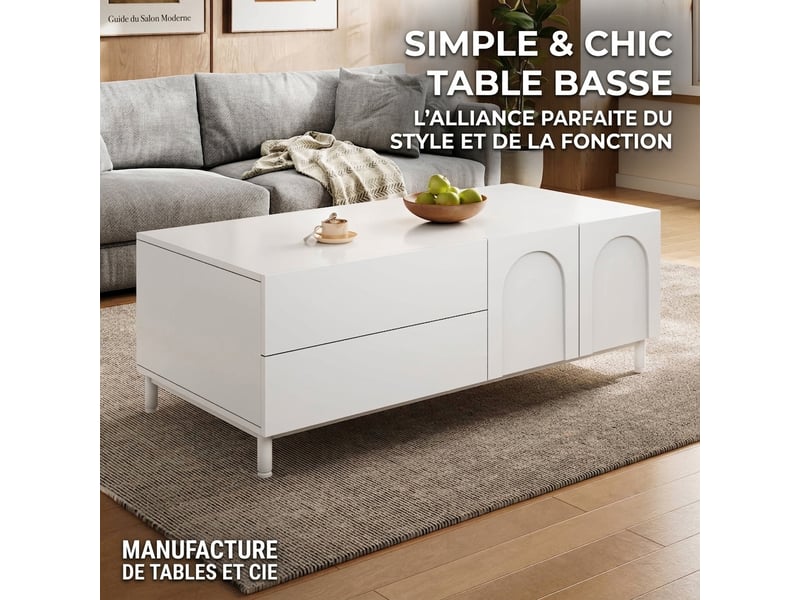 Table basse blanche rectangulaire avec 2 tiroirs et 2 portes motif arc, pieds acier, 100x50x39.5 cm  - Conforama E