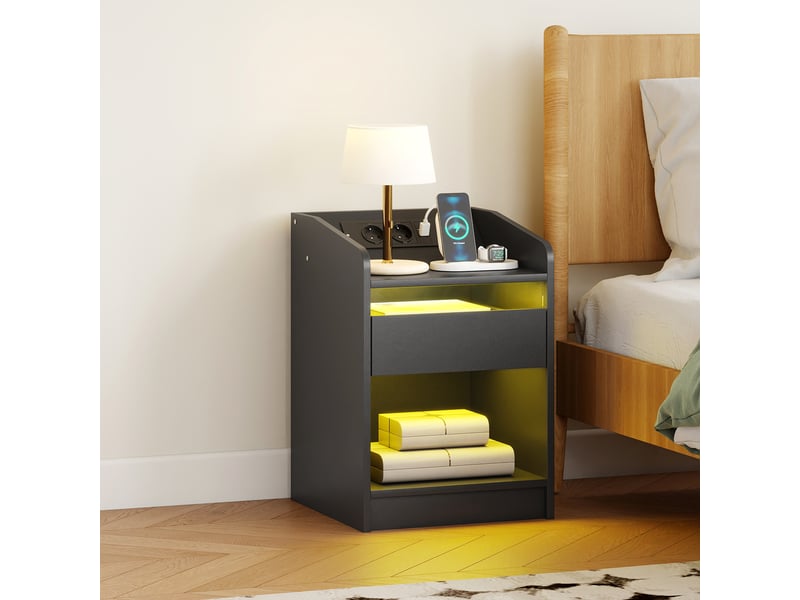  Table de chevet avec station de charge, éclairage led rgb, tiroir, étagère ouverte, ports usb et télécommande, 40 x 40 x 58 cm, noire  - Conforama D