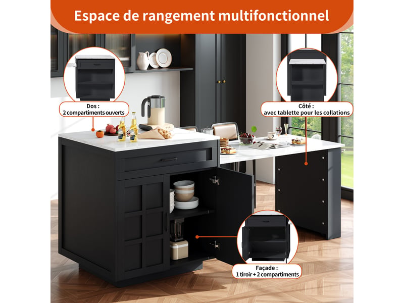  Table de bar extensible 133-202 x 70 x 93.5 cm avec 2 tiroirs, 2 portes et 2 étagères pour 2 à 6 personnes - noir  - Conforama D