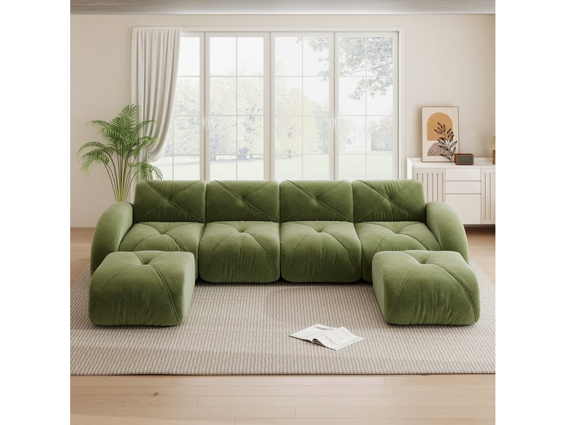  Canapé modulable en u 4 places vert en tissu, avec 2 poufs, sans cadre et sans montage pour le salon  - Conforama E