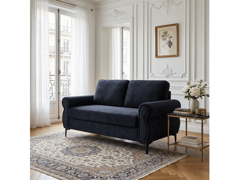  Canapé droit fixe 2 places noir en tissu, 173,5 cm, ressorts ensachés et mousse hr pour petits espaces  - Conforama E