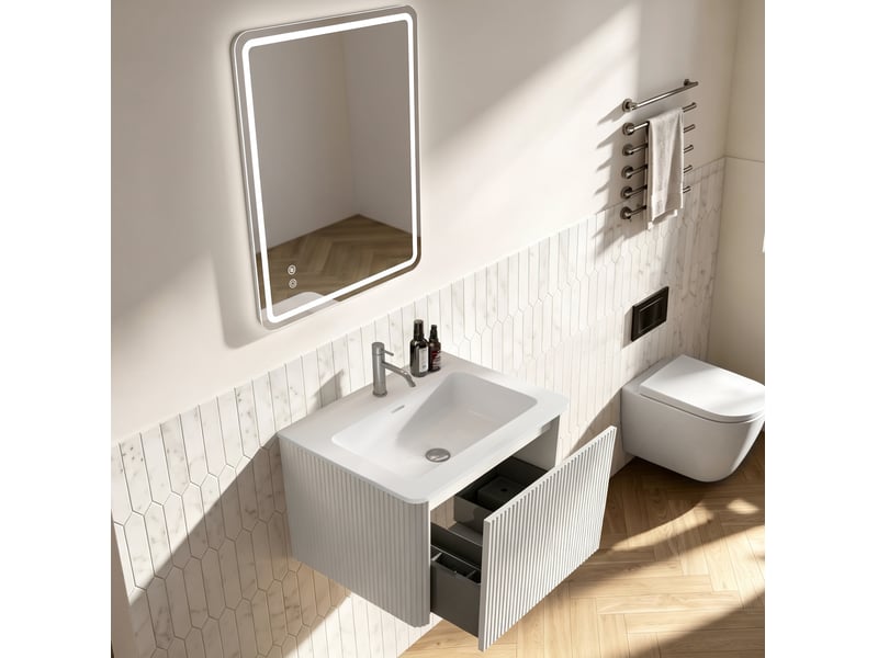  Meuble vasque suspendu 61 cm avec miroir led 60 x 80 cm, blanc, 1 tiroir  - Conforama D