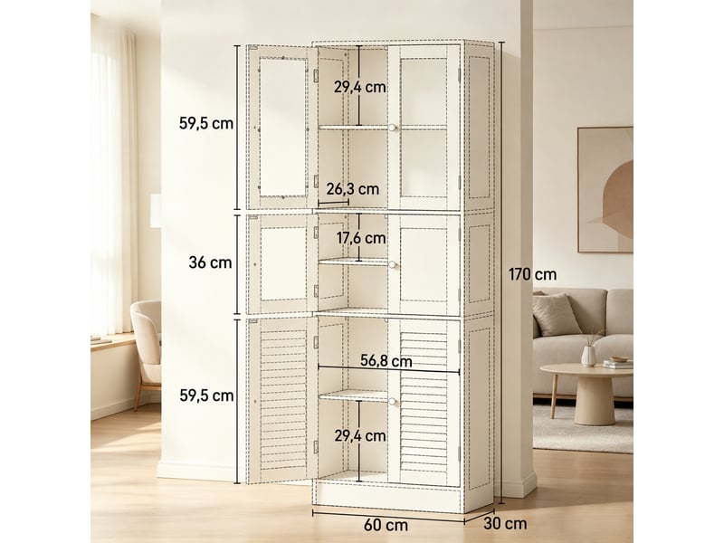 Armoire haute de salle de bain blanche à 6 portes, 60 x 30 x 170 cm - Conforama C