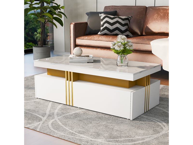  Table basse rectangulaire blanche brillante avec 2 tiroirs, plateau effet marbre, table de salon moderne 100x50x40 cm  - Conforama D