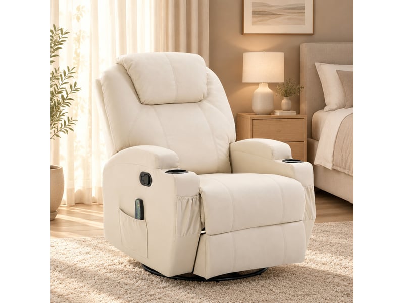  Fauteuil relax massant inclinable,84x92x109 cm,avec repose-pieds,similicuir,crème  - Conforama B