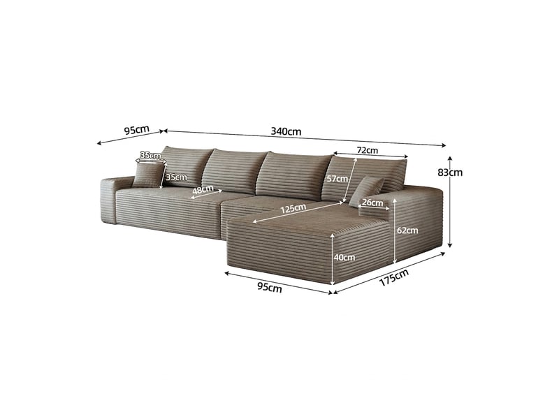  Canapé d'angle modulable 340 cm 4 places avec méridienne en l velours côtelé camel  - Conforama C