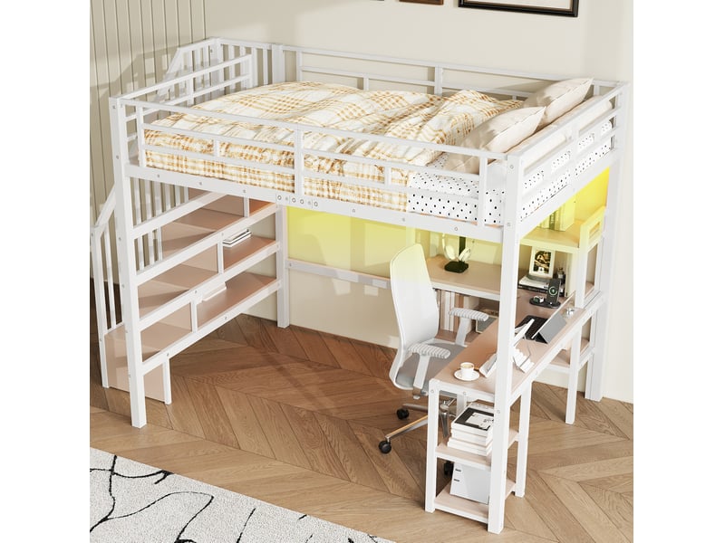  Lit mezzanine 140x200 cm, lit gain de place bureau intégré rangement led escalier, métal et mdf, blanc, sans matelas  - Conforama B