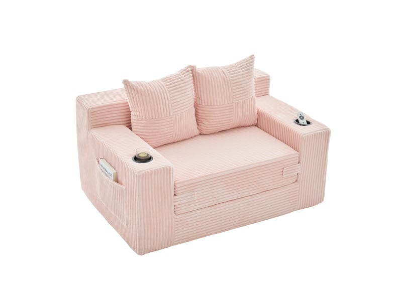  Fauteuil pouf en velours côtelé avec poches latérales, deux coussins et accoudoirs, rose, 151 × 133 × 64 cm  - Conforama A