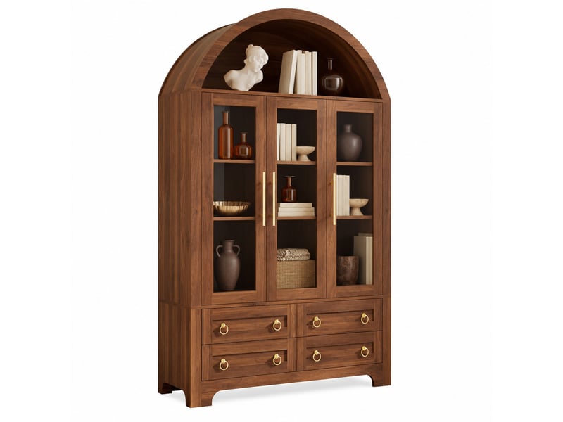 Buffet haut 110x40x185 cm, 3 portes vitrées, 4 tiroirs, niche arche ouverte, mdf et panneaux de particules noyer - Conforama A