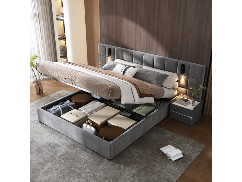  Lit capitonné, lit coffre hydraulique avec lampe orientable et port usb, tête de lit large et rembourrée de mousse, motif à damier, structure en acier, sans table de chevet, velours, 180 x 200 cm, gris  - Conforama B
