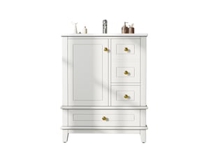 Meuble sous vasque sur pied 61 cm blanc brillant avec vasque en céramique, 4 tiroirs et porte à fermeture douce