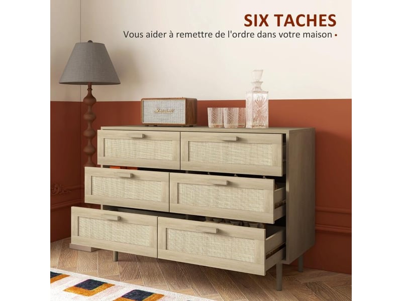  Commode 6 tiroirs meuble de rangement avec tissage en rotin dim. 110l x 40l x 75h cm aspect bois clair  - Conforama D