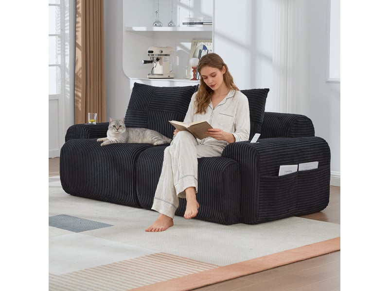 Canapé modulable, canapé de salon – noir, porte-gobelets, en velours tricoté - Conforama R