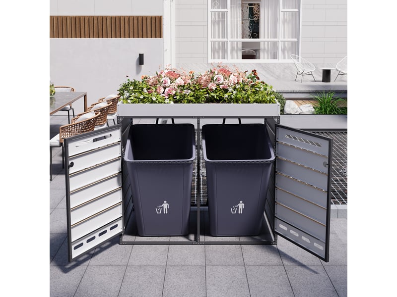 Coffre à poubelles avec bac à plantes - bac à plantes intégré - lattes horizontales aspect bois 131x79x120cm - Conforama B