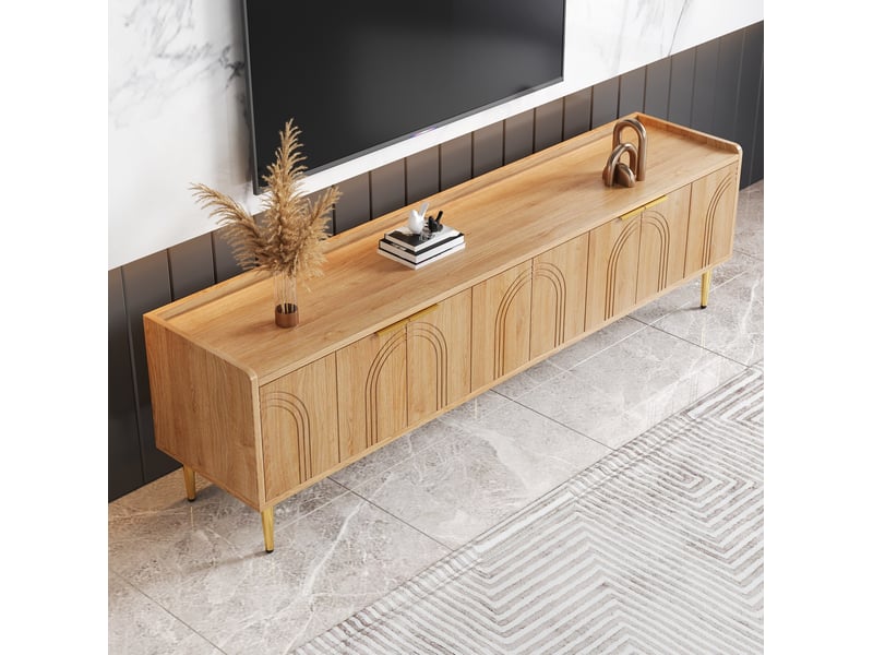  Meuble tv 170x35x47.5 cm, design sculptural avec portes 3d, accents dorés, poignées et pieds en métal, mdf, naturel  - Conforama E
