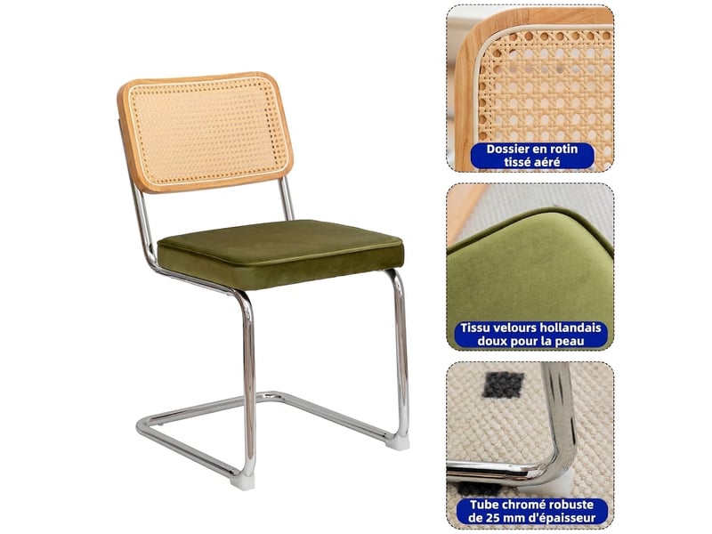 Lot de 4 chaises de salle à manger en velours vert, dossier en rotin et pieds en acier chromé, style cantilever - Conforama R