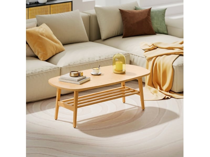  Table basse ovale avec étagère ouverte, bords biseautés, pour salon, en bois d’ingénierie naturel, 120 × 60 × 42 cm  - Conforama C