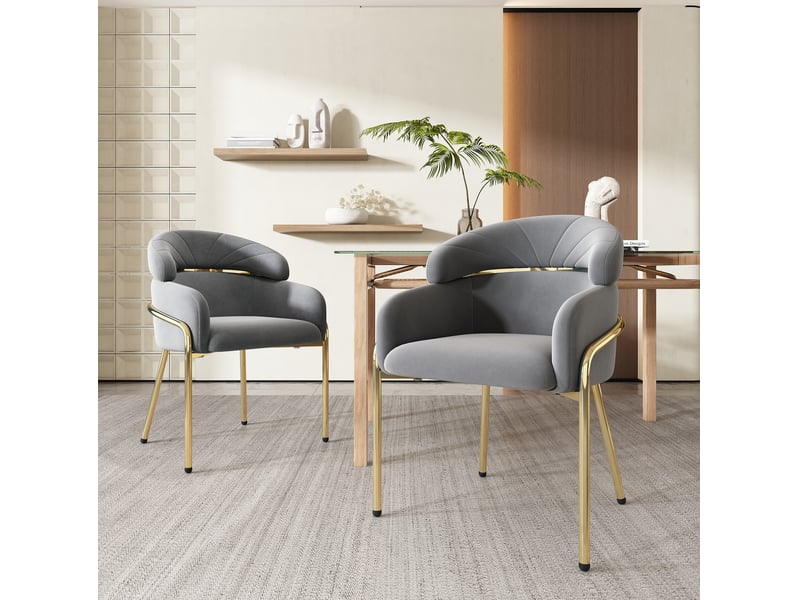  Chaise de salle à manger 2 pièces avec accoudoirs en velours gris et pieds métalliques, style moderne  - Conforama C