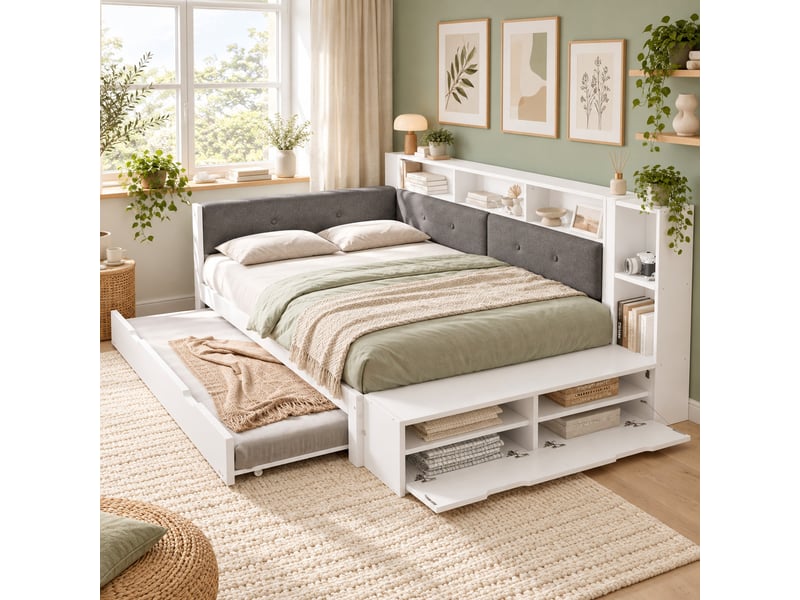  Lit banquette gigogne 120x200 cm,avec tête de lit rembourrée, rangement et prise usb,sommier à lattes,blanc  - Conforama E