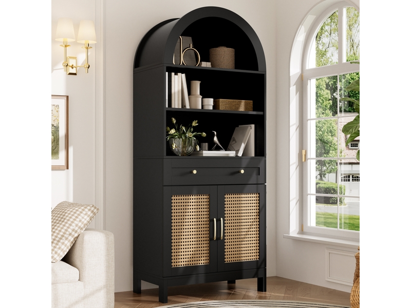 Vitrine meuble de rangement en mdf 70x40x170 cm avec portes en rotin, étagères ouvertes, tiroir et placard fermé - noir et bois - Conforama D