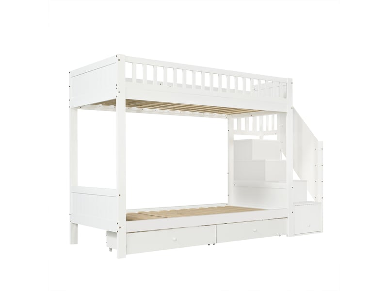 Lit superposé 90x200cm, lit enfant avec échelle de rangement, 2 tiroirs et barrière antichute, blanc - Conforama A