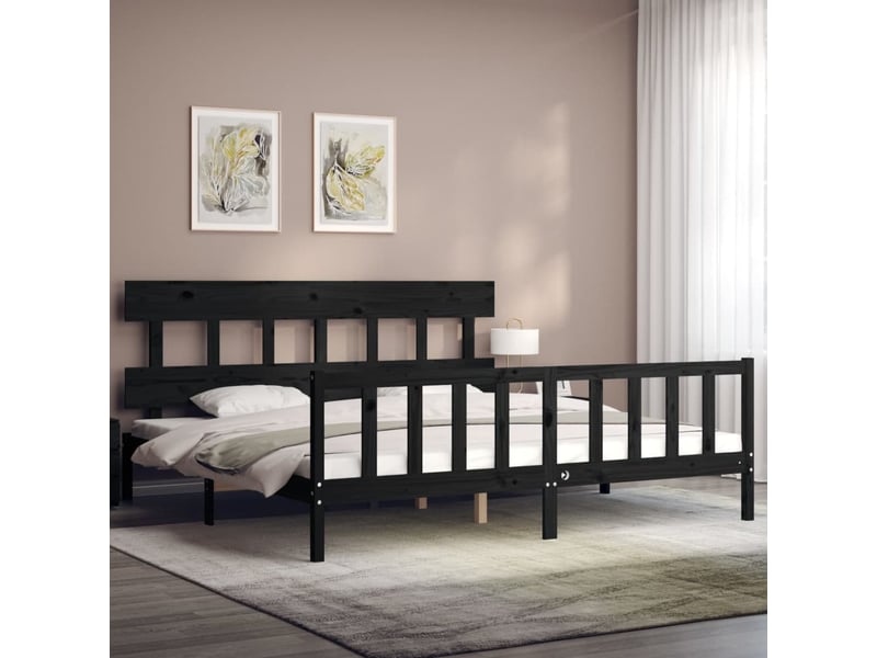  Lit double- lit adulte -  cadre de lit sans matelas noir 200x200 cm bois massif de pin  - Conforama B