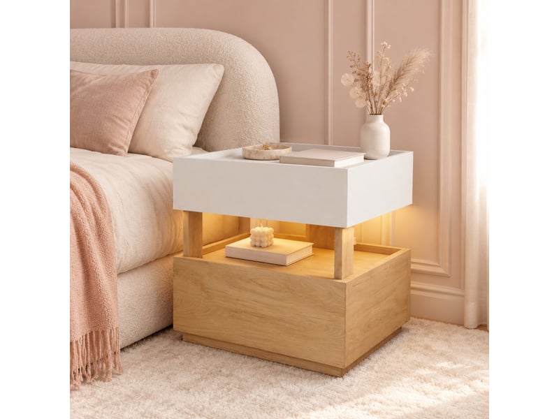  Table de chevet,50x40x50 cm,2 tiroirs avec led,blanc et bois naturel  - Conforama B