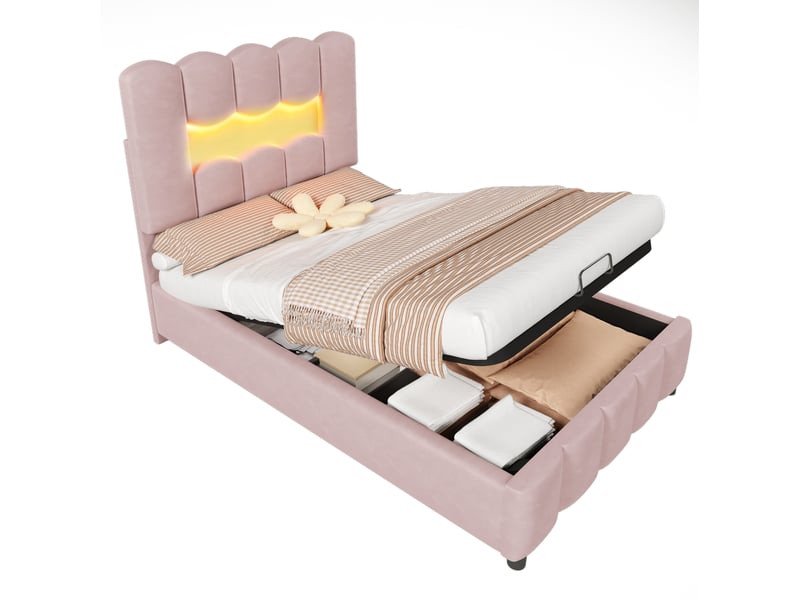  Lit simple 90x200 cm avec rangement hydraulique et éclairage led, en velours rose  - Conforama A