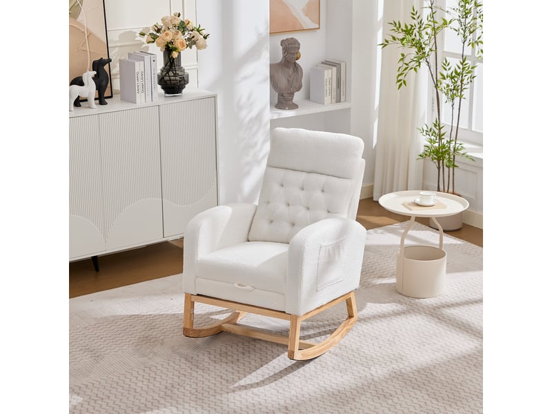 Fauteuil d'allaitement à bascule en bouclette blanc avec repose-pieds, chaise relax scandinave chambre bébé - Conforama E