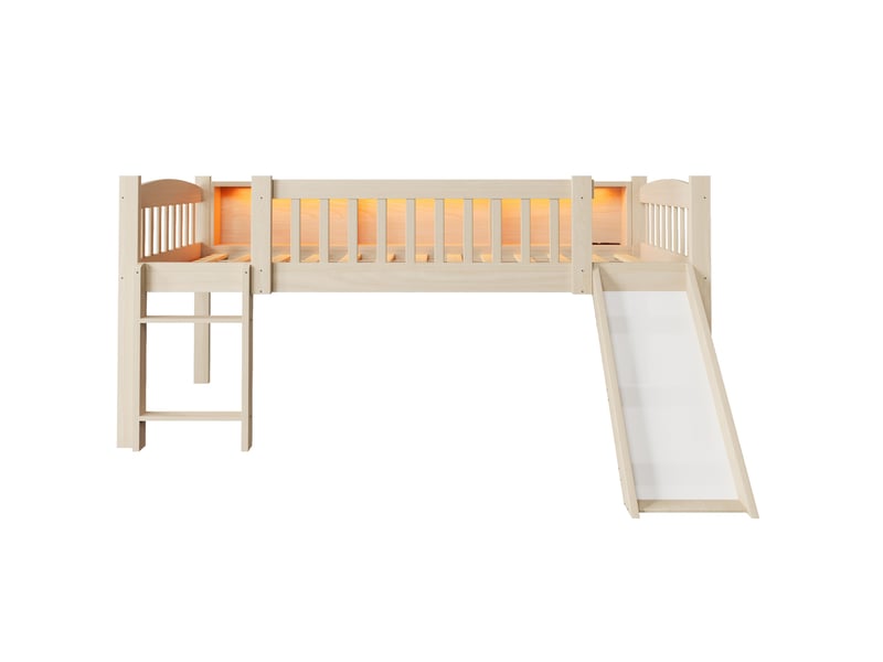  Lit enfant surélevé 90x200 cm avec toboggan, rangements, led et usb, coloris naturel, sans matelas  - Conforama E