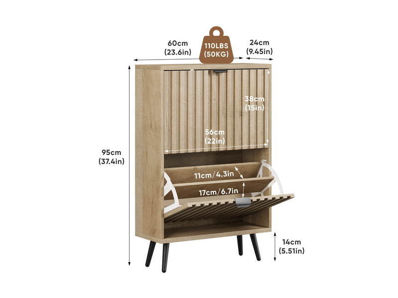  Meuble à chaussures 60 cm à 2 abattants, rangement 6 à 12 paires, chêne  - Conforama C