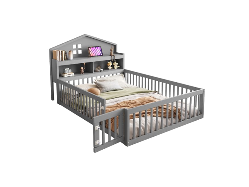  Lit enfant 140x200 cm, tête de lit de rangement et porte, avec lattes, en bois, gris, sans matelas  - Conforama A