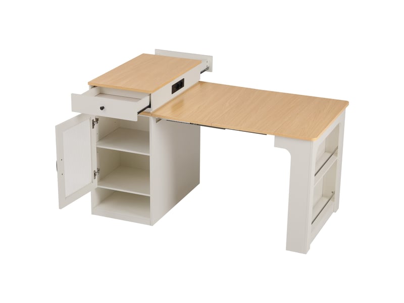  Îlot de cuisine à roulettes avec table extensible, plateau amovible, prises, bar ou buffet, blanc Fay Lum - Conforama W