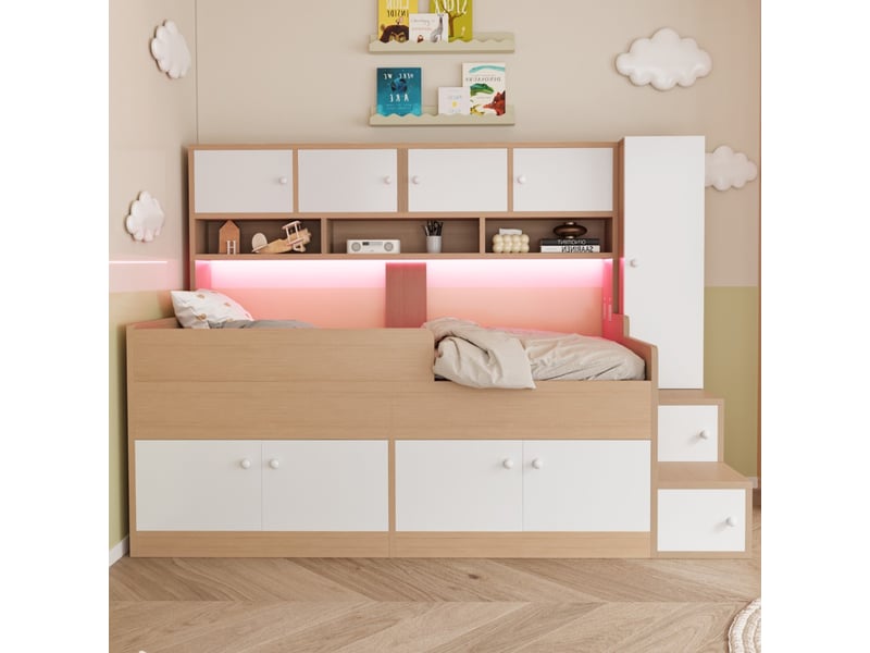  Lit combiné enfant bois 90×200 cm rangement étagères armoire échelle led barrières sécurité bois  - Conforama B