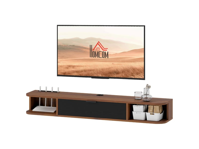  Meuble tv suspendu 1 tiroir rabattable 2 étagères coloris noyer 120 x 24 x 16 cm  - Conforama B
