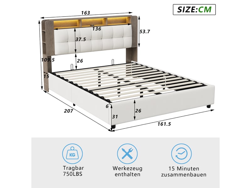  Lit coffre 160x200 cm, avec éclairage led et chargement sans fil, avec espace de rangement et sommier à lattes, lit double rembourré, en velours beige  - Conforama C