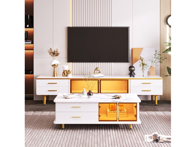  Ensemble meuble tv et table basse – led multicolore – blanc et doré – 170 cm  - Conforama B