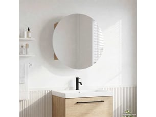 Armoire de salle de bain, meuble de rangement miroir rond et led chêne 40x40x17.5 cm