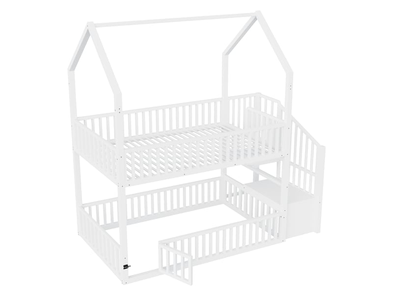  Lit superposé 90x200 cm en métal avec toit cabane, escalier de rangement et petite porte au niveau inférieur blanc Fay Lum - Conforama E
