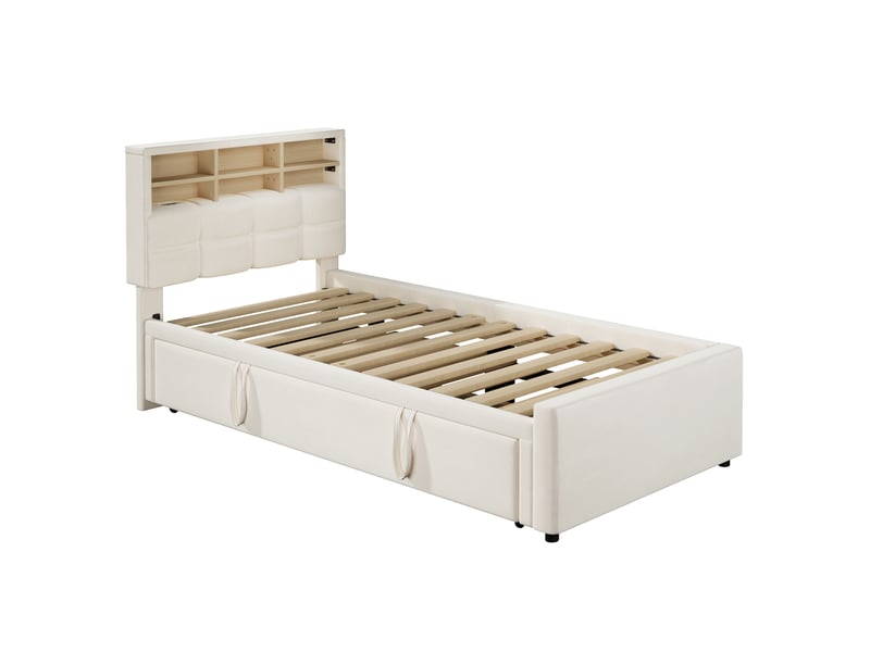 Lit de jour, 90 x 200 cm 180 x 200 cm, lit gigogne multifonctionnel, port de chargement usb type-c, compartiment de rangement ouvert, canapé-lit, lit une place, matelas non inclus, velours, beige - Conforama D