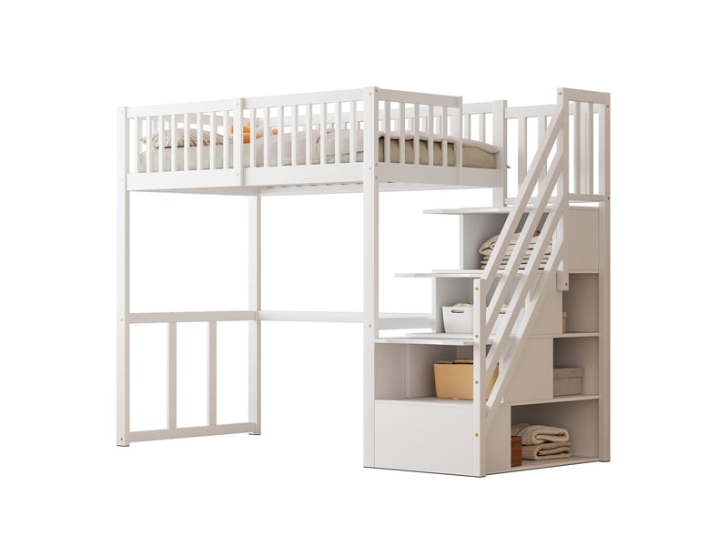  Modenvie lit mezzanine 90x200 cm - avec escalier de rangement et bureau, sans matelas - blanc  - Conforama A
