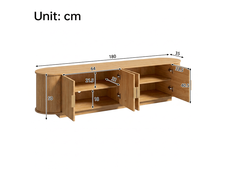  Meuble tv 180 cm 4 portes - banc tv couleur naturelle avec façade ondulée et grand rangement  - Conforama C