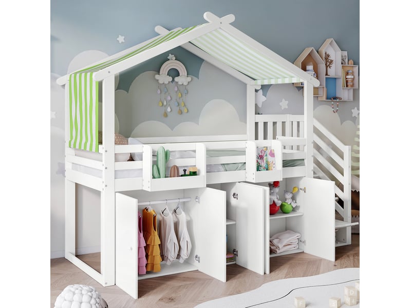  Lit superposé enfant 90x200 cm avec toit, rangements et armoire, blanc et vert  - Conforama D