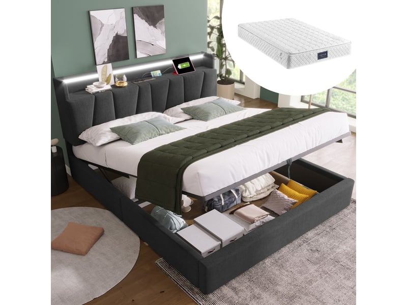  Lit coffre 160 x 200 cm polsterbett double avec chargeur usb tête de lit rangement led sommier en bois gris avec matelas  - Conforama B