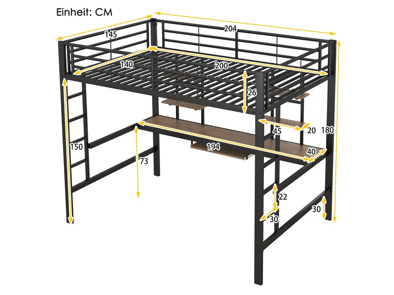  Lit mezzanine 140 x 200 cm avec bureau, 2 étagères et tablette clavier, lit double en métal noir avec garde-corps et échelles intégrées  - Conforama D