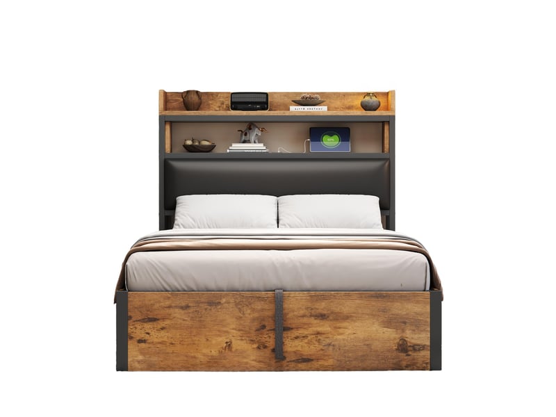 Lit coffre 90x200cm moderne rangement sous-lit tête rembourrée ports usb design rétro bois et métal noir sans matelas - Conforama A