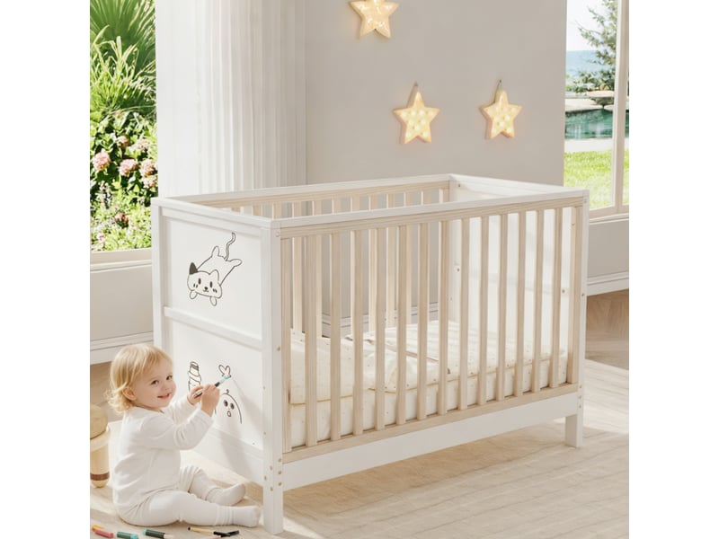  Lit enfant 1 place évolutif réglable, bois massif, matelas non précisé - okmyhome- naturel et blanc, 50 kg  - Conforama B