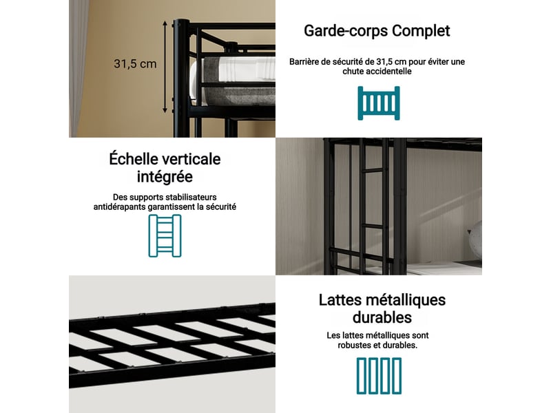  Lit superposé 3 places - 2x90x190cm et lit gigogne 90x180cm - métal noir - sécurité renforcée  - Conforama W